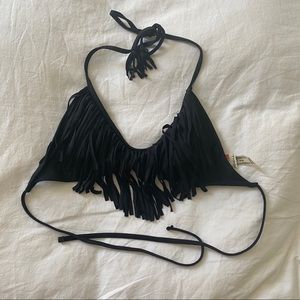 Raisins Fringe Black Halter Bikini Top